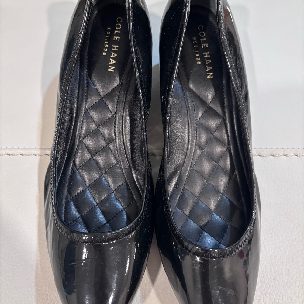 Cole Haan Black Patent Leather Pointed Toe Quilted Wedge Pumps Size 6.5